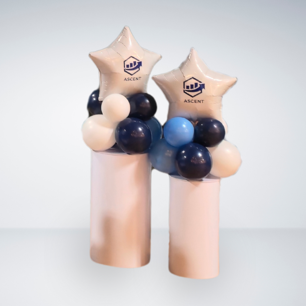 Star-shaped balloons with 'Ascent' logo on a light gray background